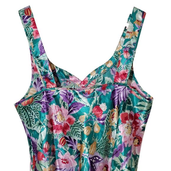 Vintage CALIFORNIA DYNASTY Floral Print Satin Chemise Slip Size L Teal Womens - Picture 5 of 8